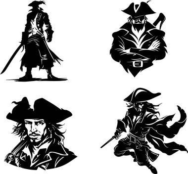This collection of illustrations features fearless pirates in various poses, ready for battle and maritime adventures. Each character exudes a sense of daring and bravery, perfect for pirate-themed designs.