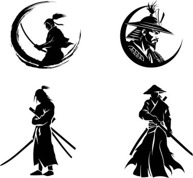 This collection of fierce samurai warriors showcases various dynamic stances, ready for honor and battle. The black and white illustrations capture the strength and discipline of these legendary warriors. clipart