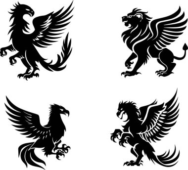 This image captures the majestic forms of mythical griffins and other winged creatures in silhouette, highlighting their regal and powerful presence. Ideal for fantasy themes, mythology, and legendary creatures.