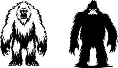 This image depicts the mythical yetis and sasquatch in silhouette, capturing the mystery and legend of these elusive wilderness creatures. Perfect for themes related to cryptids, myths, and nature. clipart