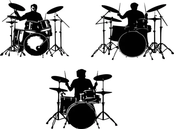 This illustration features the dynamic silhouettes of drummers playing their drum kits, capturing the energy and rhythm of live music performances. Ideal for music-themed designs, promotional materials for bands, or any project requiring a touch of m