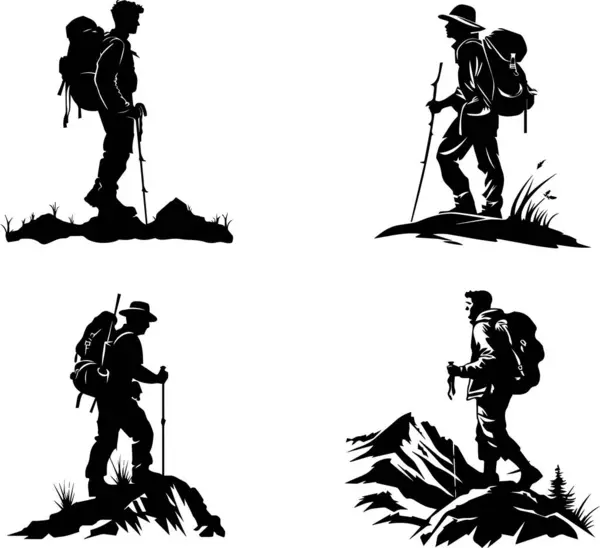 This set of silhouettes features hikers in various poses, capturing the adventurous spirit of outdoor exploration. Perfect for travel and adventure-themed designs, promotional materials for outdoor activities, or nature-inspired projects.