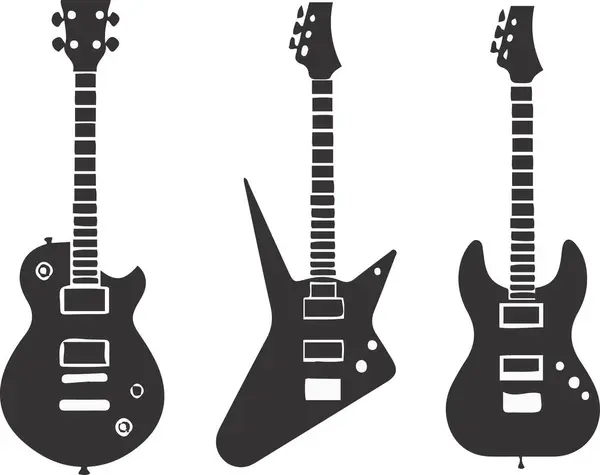 This bold illustration features black silhouettes of electric guitars with unique designs and shapes. Each guitar is depicted in a minimalist style, showcasing the diversity in guitar design and perfect for music enthusiasts and graphic art lovers.