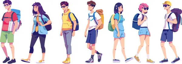 This modern illustration depicts youthful hikers with backpacks, ready for an adventure. The diverse group is shown in a variety of stylish outfits, capturing the essence of exploration and outdoor activities.