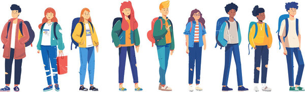 A lineup of stylish college students dressed in trendy outfits. This illustration showcases the diversity and fashion sense of modern students.