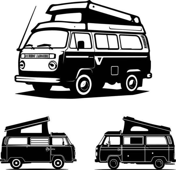 This retro black and white illustration features a classic camper van with a pop-top roof, ideal for fans of vintage vehicles and nostalgic travel art.