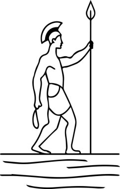 Elinde mızrak tutan kostümlü bir adam. Adam saç bandı ve kolye takıyor.