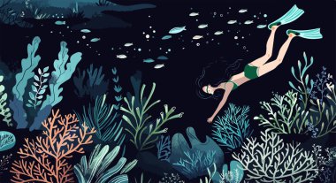 Etrafında balıklar yüzerken bir kadın okyanusta yüzüyor. Okyanus mavi ve yeşildir. Bir sürü bitki ve balık vardır.