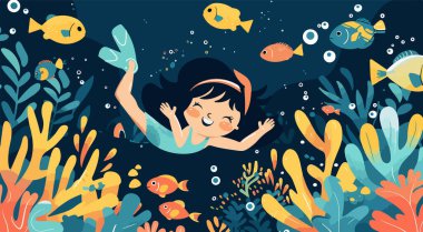 Etrafında balıklar yüzerken bir kadın okyanusta yüzüyor. Okyanus mavi ve yeşildir. Bir sürü bitki ve balık vardır.