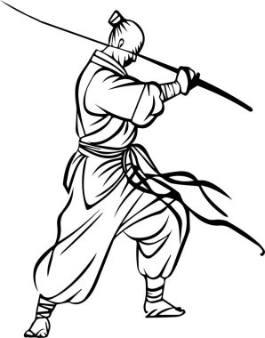 Karate üniformalı bir adam kılıç tutuyor.