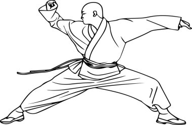 Karate üniformalı bir adam poz veriyor, vurmaya hazır. Güç ve kararlılık kavramı, adam tamamen eğitimine odaklanmış.