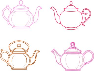 Farklı renkleri ve tasarımları olan dört farklı çaydanlık. Çaydanlıklar sıraya dizildi.