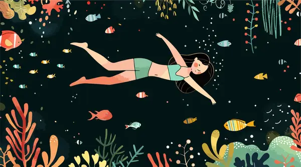 Etrafında balıklar yüzerken bir kadın okyanusta yüzüyor. Okyanus mavi ve yeşildir. Bir sürü bitki ve balık vardır.