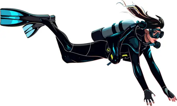 Bir kadın siyah bir dalış kıyafeti giyerek suya dalıyor. Siyah ve sarı bir dalış kıyafeti giyiyor.