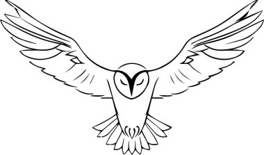 Kanatları açık bir baykuşun siyah beyaz çizimi. Baykuşun yüzünde kızgın bir ifade vardır.