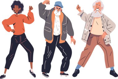 Üç kişi dans ediyor ve biri kırmızı gömlek giyiyor. Manzara enerjik ve eğlenceli.