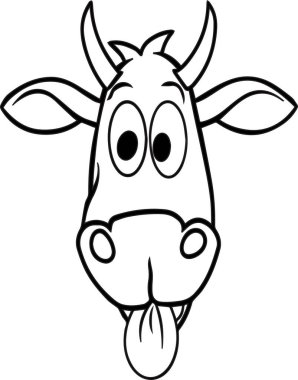 Dili çıkmış ve yüzünde kocaman bir gülümseme olan bir inek. İnek kameraya bakıyor ve mutlu.