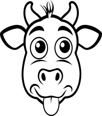 Dili çıkmış ve yüzünde kocaman bir gülümseme olan bir inek. İnek kameraya bakıyor ve mutlu.