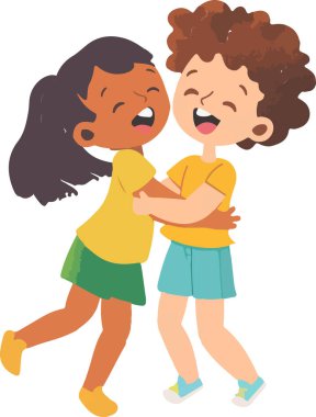 İki çocuk birbirine sarılıyor. Biri sarı gömlek giyiyor ve diğeri yeşil etek giyiyor.