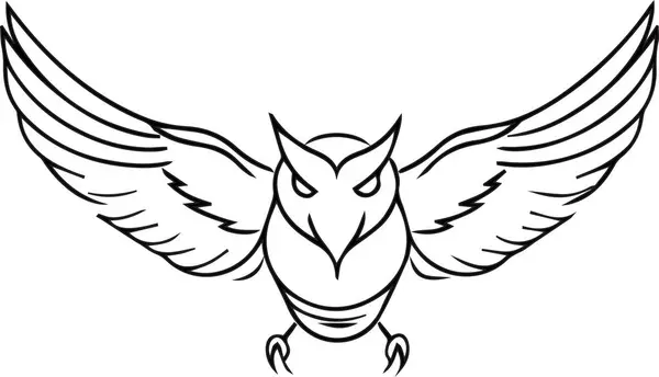 stock vector A black and white drawing of an owl with its wings spread out. The owl has an angry expression on its face