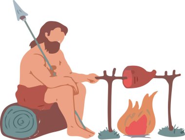 Tarih öncesi bir insan elinde mızrakla ateşin yanında oturur. Ateşin üstünde et pişiriyor.