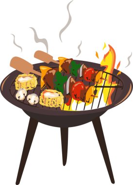 Üstünde et ve sebze olan bir ızgara. Izgara siyah ve gümüş renginde. Sebzeler domates ve soğan.