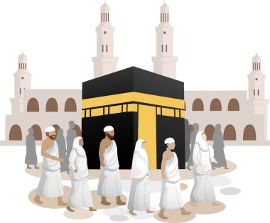 Bir grup insan bir caminin önünde yürüyor. İnsanlar beyaz elbiseler giyer ve bir sıra halinde yürürler. Hac ziyaretçileri Kabe 'yi turluyorlar.