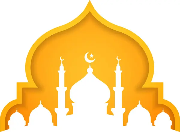Üzerinde hilal ve yıldız olan bir cami çizimi. Çizim turuncu ve beyaz.