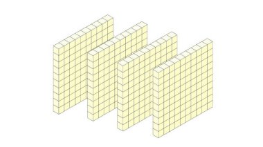 Bloklardan yapılmış bir duvar beyaz bir arkaplanda gösterilir. Bloklar üç boyutlu bir yapı oluşturacak şekilde düzenlenmiştir. Duvar birçok küçük bloktan yapılmış gibi görünüyor.