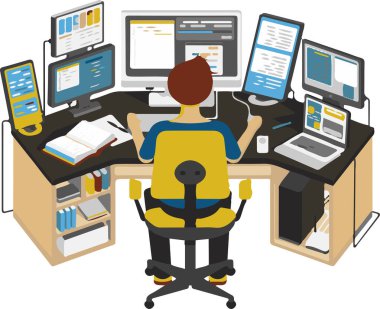 Masasında bilgisayar monitörü ve klavyesi olan bir adam oturuyor. Bir proje üzerinde çalışıyor, programcılık mesleği.