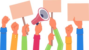 Elinde tabela ve megafon tutan bir grup insan. İnsanlar protesto ediyor ve megafon seslerini yükseltmek için kullanılıyor.