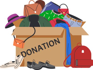 Kıyafet ve ayakkabı dolu bir kutu ve üzerinde bağış yazıyor. Kutu bir sırt çantası, bir el çantası ve bir çift ayakkabı gibi çeşitli eşyalarla dolup taşıyor.