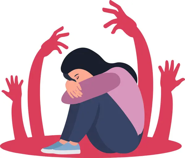 Bir kız elleri dizlerinin üzerinde yerde oturuyordu. Etrafında ona uzanan iki el var. Üzüntü ve umutsuzluk kavramı, bir kadın depresyondadır.