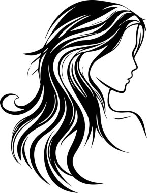 Siyah ve beyaz çizimde uzun siyah saçlı bir kadın gösteriliyor. Saç, aktığı şekilde şekillenir ve çok uzundur. Kadının yüzü görünmüyor, ama dikkatler saçında.