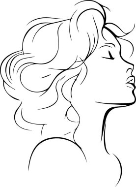 Uzun, kıvırcık saçlı bir kadın kafası. Saçları topuz şeklinde. Kadın sağa bakıyor.