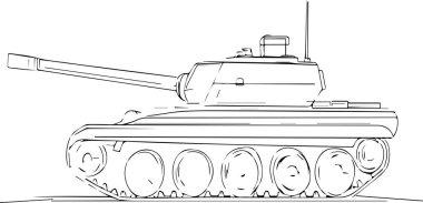 Bir tankın siyah beyaz çizimi. Tank yolda ve tepesinde büyük bir silah var. Tank hareket ediyor ve o hareket ediyor.