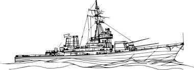 A large battleship is sailing in the ocean. The ship is old and has a lot of history. The ocean is calm and peaceful, and the ship is the only thing visible in the scene clipart