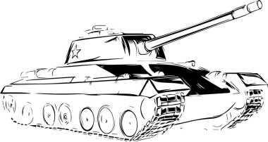 Bir tankın siyah beyaz çizimi. Tank yolda ve tepesinde büyük bir silah var. Tank hareket ediyor ve o hareket ediyor.