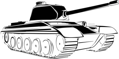 Bir tankın siyah beyaz çizimi. Tank yolda ve tepesinde büyük bir silah var. Tank hareket ediyor ve o hareket ediyor.