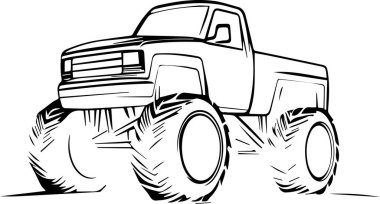 Kocaman lastikleri olan bir canavar kamyon toprak bir yolda gidiyor. Kamyon siyah beyaz ve bir yarışın ortasındaymış gibi görünüyor. Manzara heyecan verici ve maceralı.