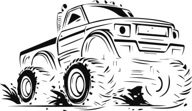 Büyük lastikli bir çizgi film kamyonu çamurdan geçiyor. Kamyon bir canavar kamyon ve off-road için tasarlandı.