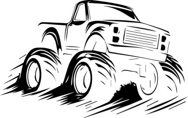 Büyük lastikli bir çizgi film kamyonu çamurdan geçiyor. Kamyon bir canavar kamyon ve off-road için tasarlandı.