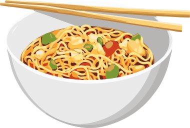 Bir kase etli ve sebzeli erişte. Kase beyaz, çubuklar kahverengi.