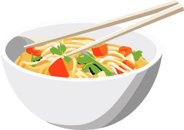 Bir kase etli ve sebzeli erişte. Kase beyaz, çubuklar kahverengi.