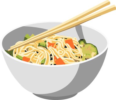 Bir kase etli ve sebzeli erişte. Kase beyaz, çubuklar kahverengi.