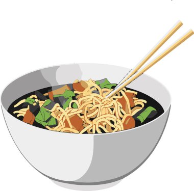 Bir kase etli ve sebzeli erişte. Kase beyaz, çubuklar kahverengi.