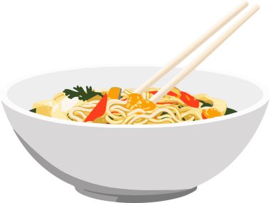 Bir kase etli ve sebzeli erişte. Kase beyaz, çubuklar kahverengi.