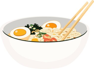 Yumurta ve sebzeli bir kase ramen. Kase beyaz ve yemek turuncu. Görüntünün rahat ve rahat bir havası var.