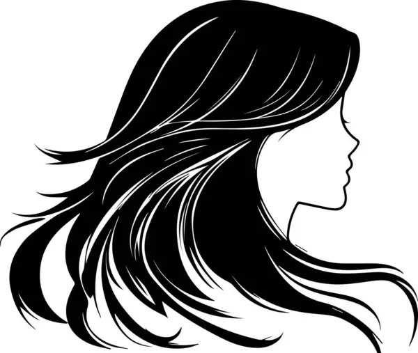 Siyah ve beyaz çizimde uzun siyah saçlı bir kadın gösteriliyor. Saç, aktığı şekilde şekillenir ve çok uzundur. Kadının yüzü görünmüyor, ama dikkatler saçında.