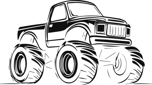 stock vector A monster truck with huge tires is driving on a dirt road. The truck is black and white, and it looks like it's in the middle of a race. Scene is exciting and adventurous